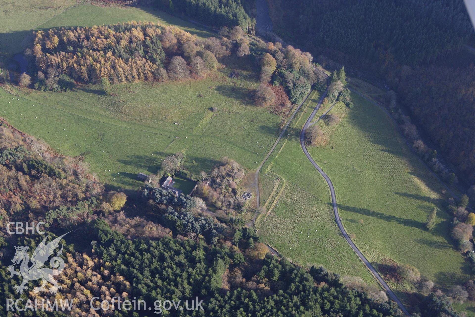 RCAHMW colour oblique aerial photograph of Hafod Uchtryd Gardens, Pontrhydygroes, and the site of the mansion. Taken on 09 November 2009 by Toby Driver