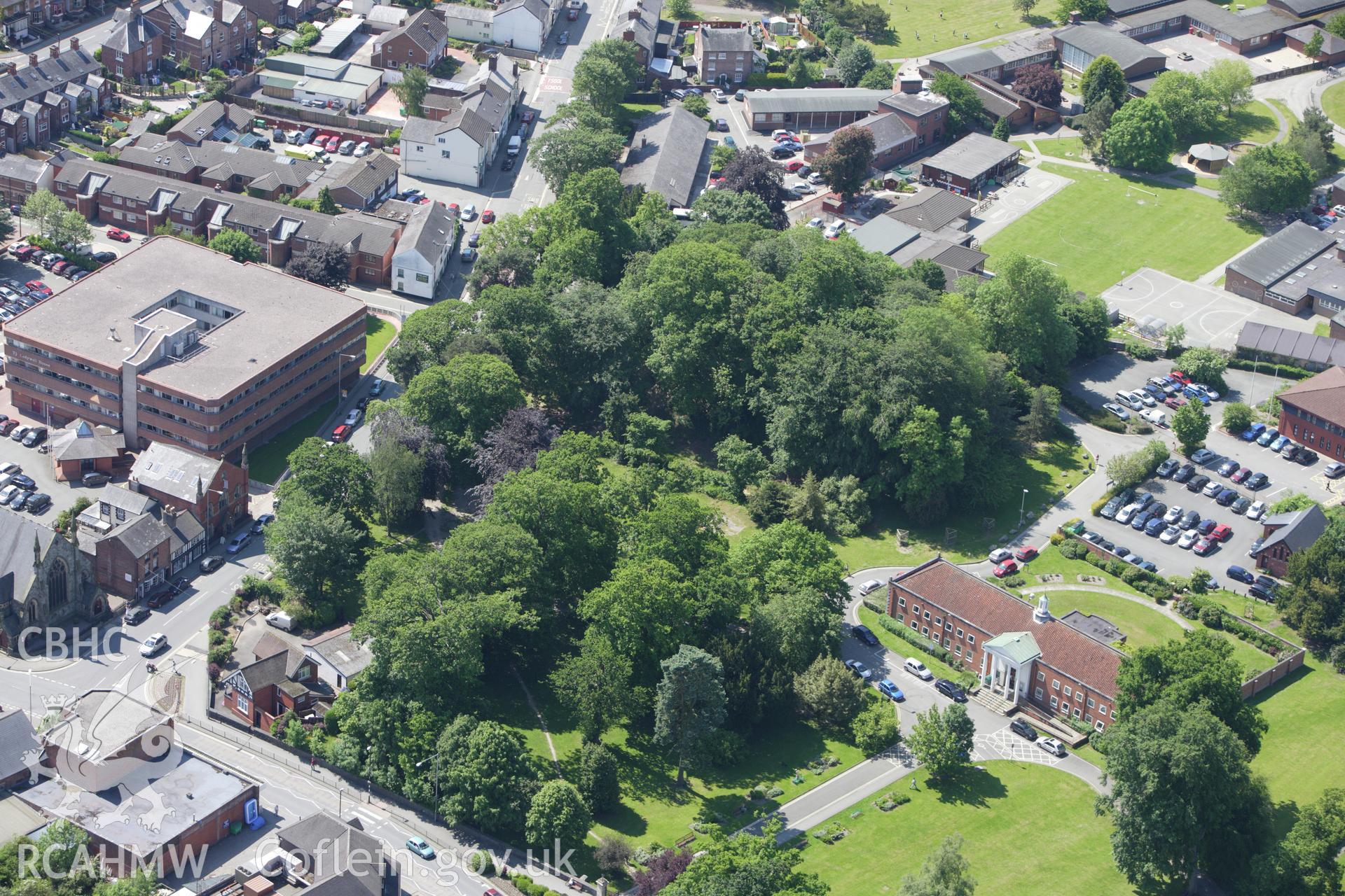 RCAHMW colour oblique aerial photograph of Newtown Hall Castle Mound. Taken on 02 June 2009 by Toby Driver