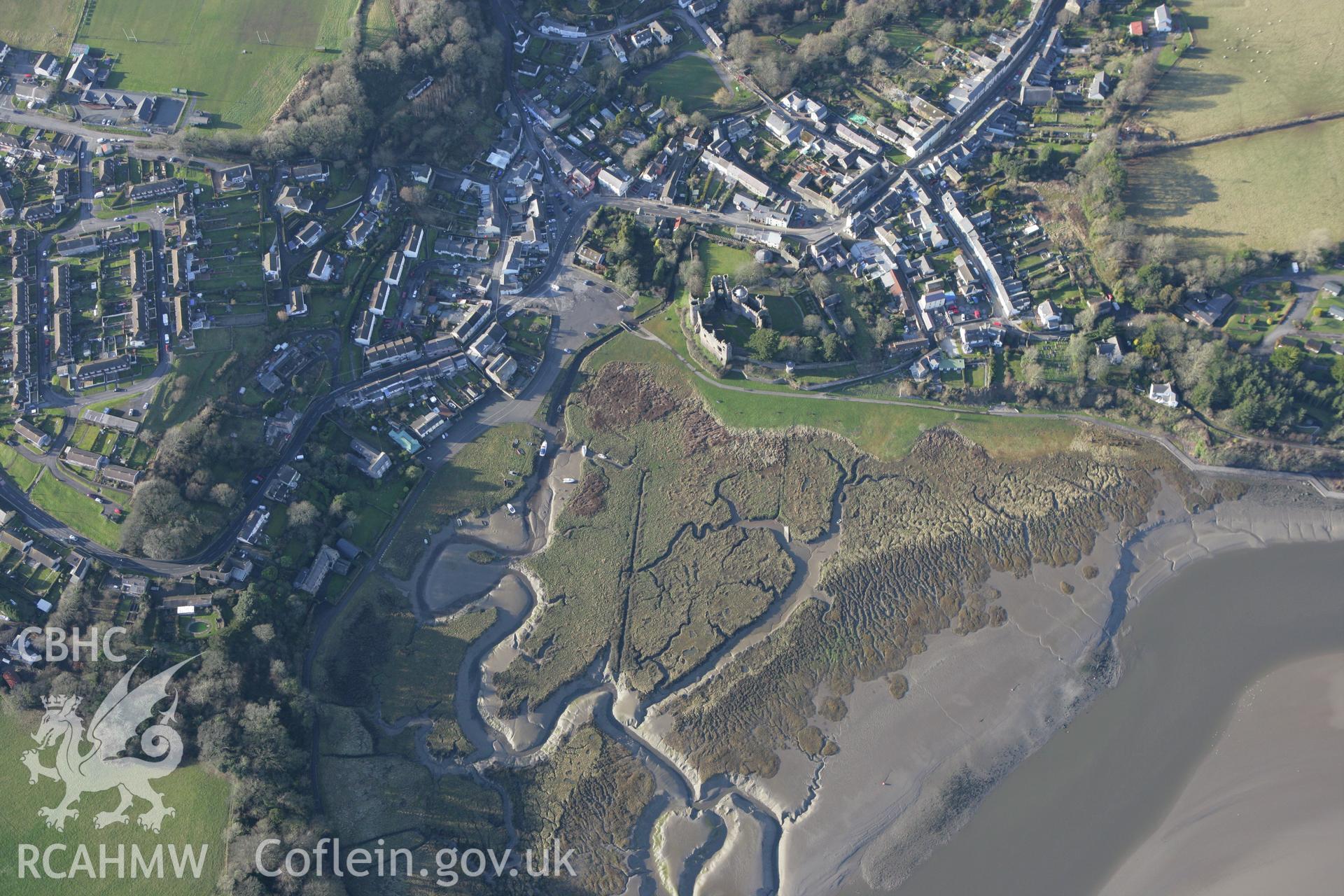 RCAHMW colour oblique photograph of Laugharne Castle. Taken by Toby Driver on 11/02/2009.