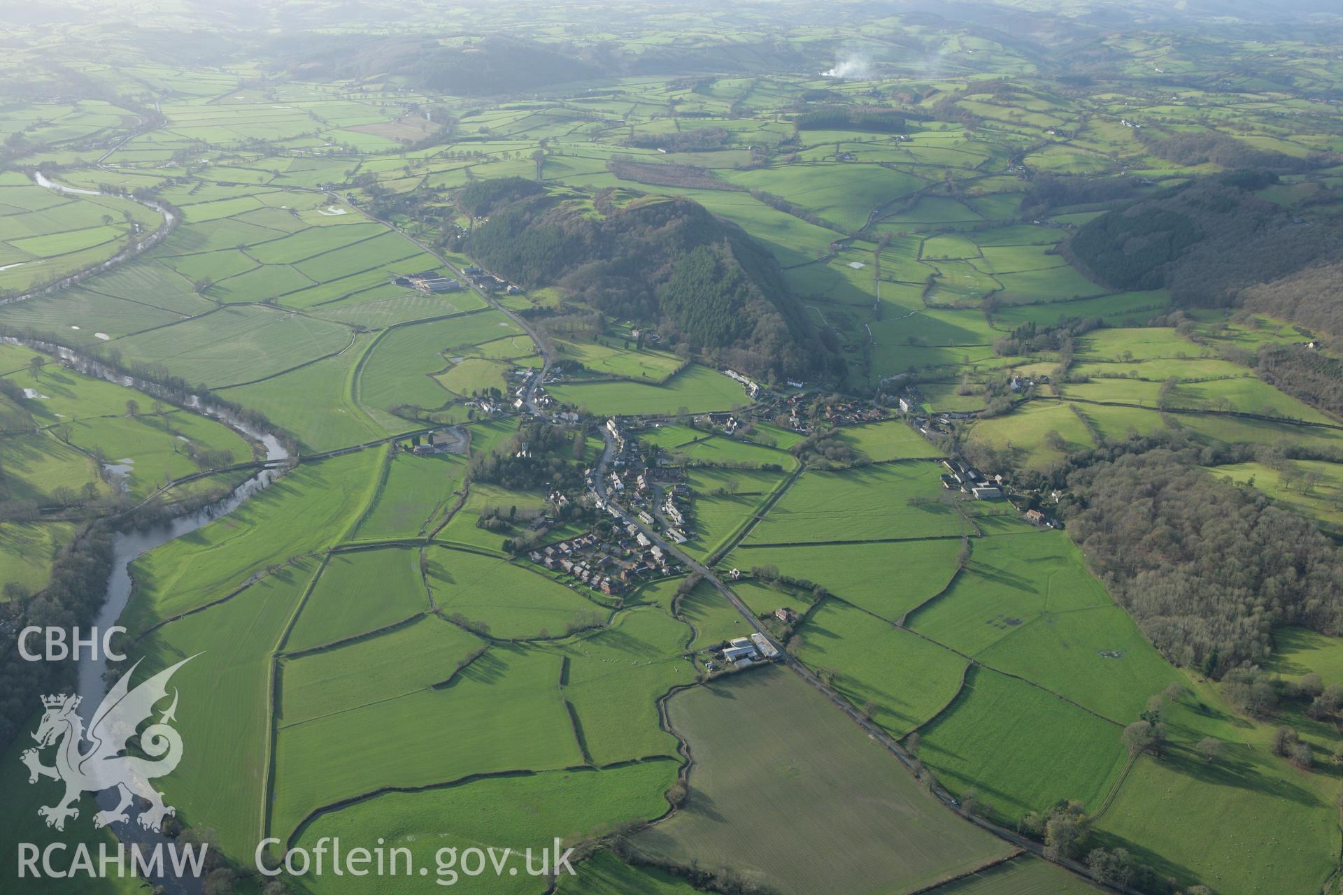 RCAHMW colour oblique aerial photograph of Meifod Village. Taken on 10 December 2009 by Toby Driver