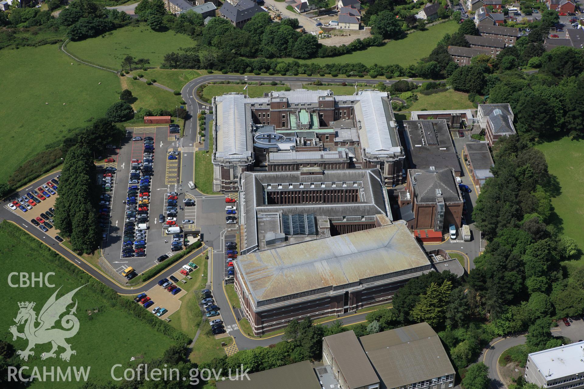 RCAHMW colour oblique aerial photograph of National Library of Wales, Aberystwyth. Taken on 02 June 2009 by Toby Driver
