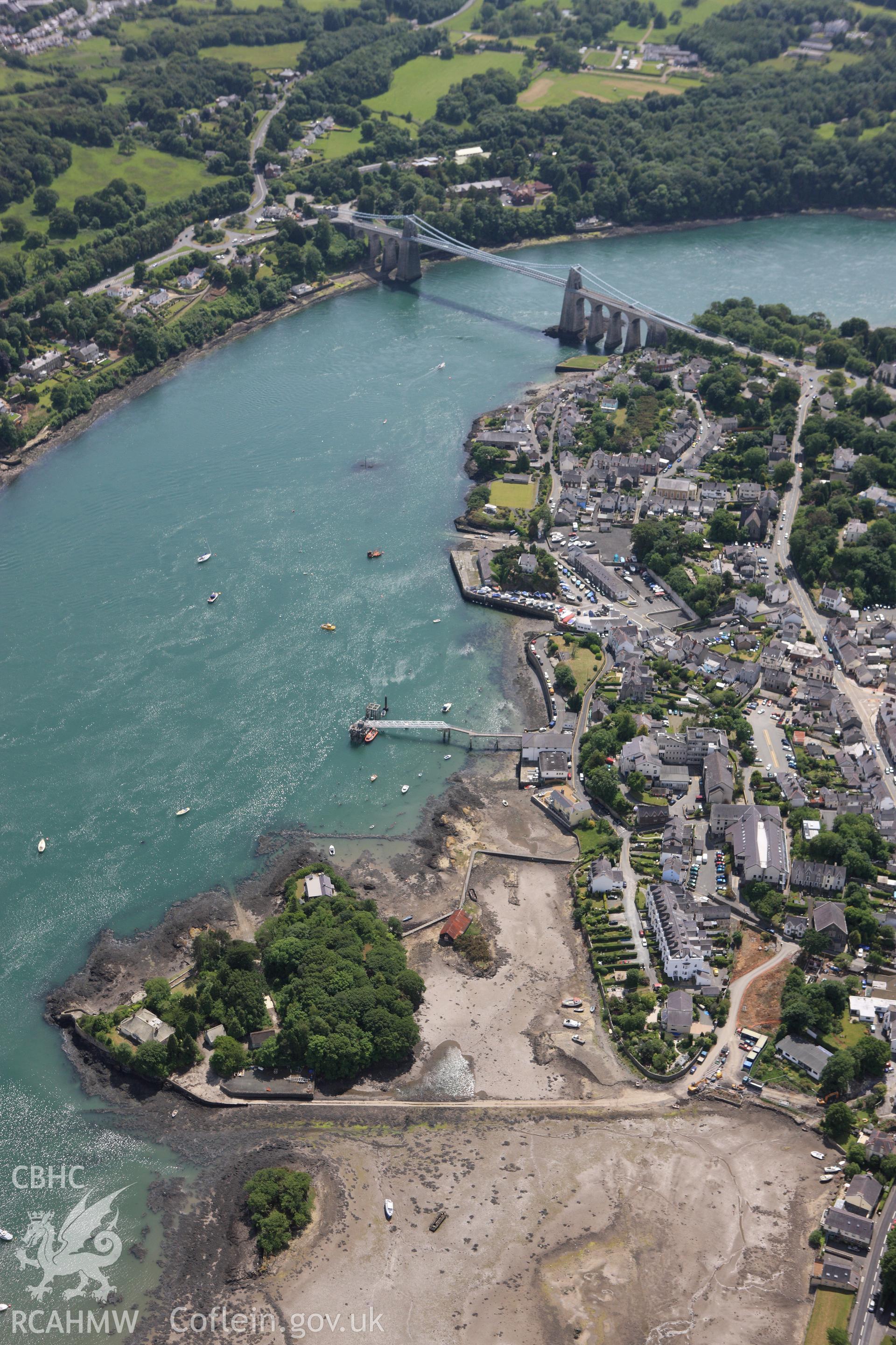 RCAHMW colour oblique aerial photograph of Menai Suspension Bridge. Taken on 16 June 2009 by Toby Driver