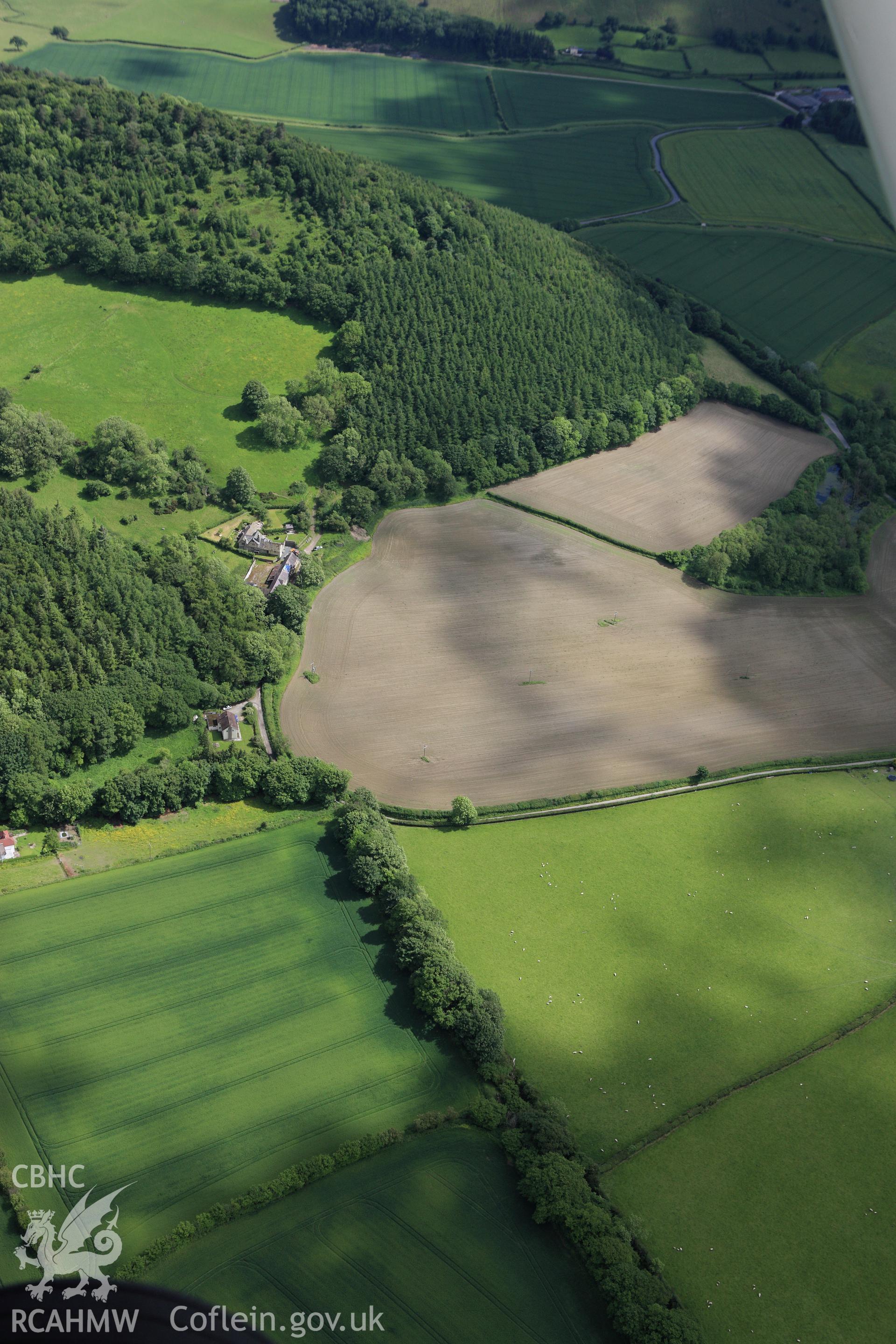 RCAHMW colour oblique aerial photograph of a section of Offa's Dyke extending 1490m From Granner Wood to Burfa. Taken on 11 June 2009 by Toby Driver