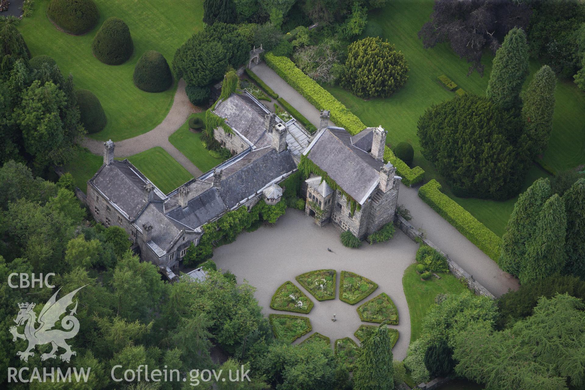 RCAHMW colour oblique aerial photograph of Gwydir Castle Garden, Llanrwst. Taken on 06 August 2009 by Toby Driver