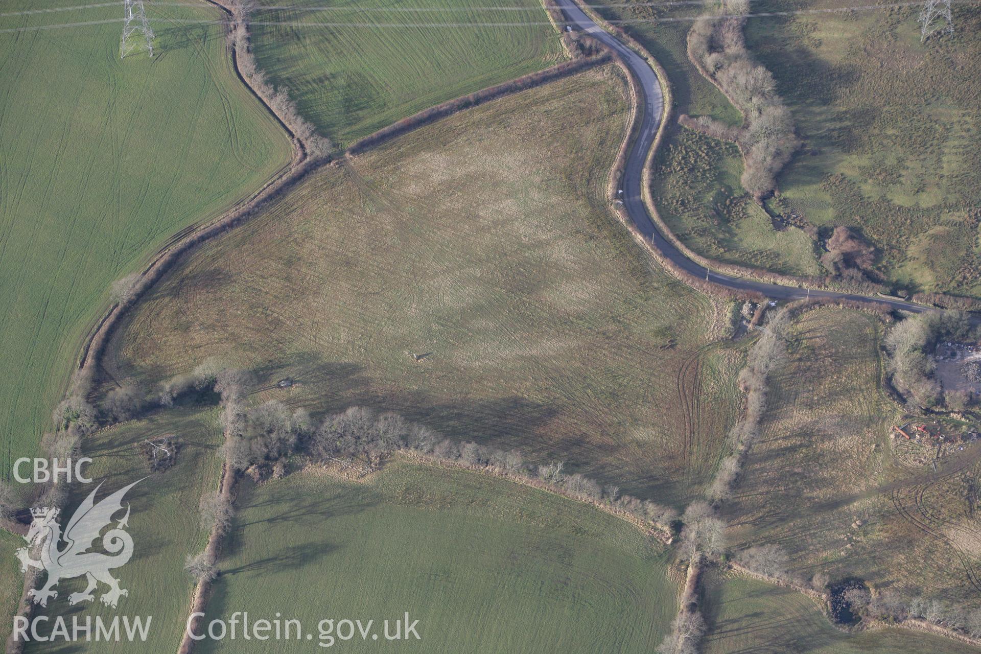 RCAHMW colour oblique photograph of Meini Llwydion Standing stones, Llangynog. Taken by Toby Driver on 11/02/2009.