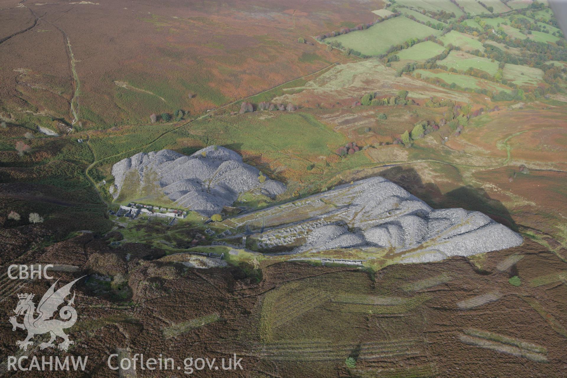 RCAHMW colour oblique aerial photograph of Moel Fferna Slate Mine. Taken on 13 October 2009 by Toby Driver