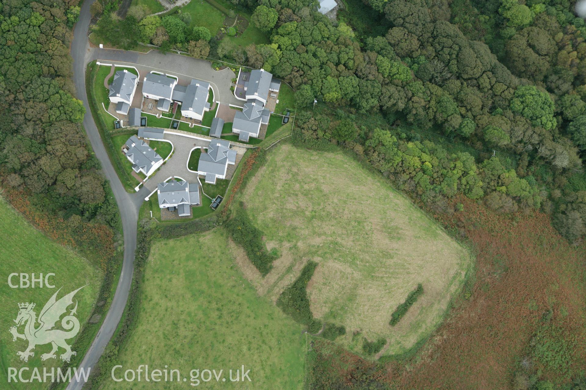 RCAHMW colour oblique aerial photograph of Strawberry Hill Enclosure. Taken on 14 October 2009 by Toby Driver