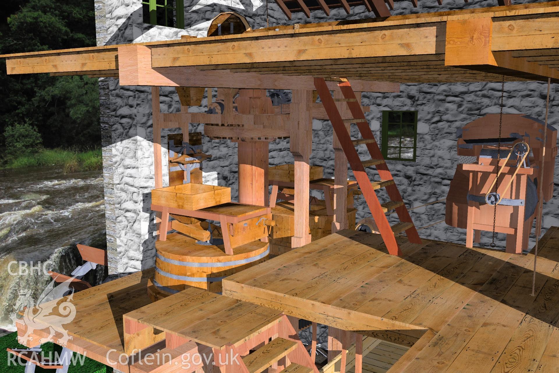 Digital 3D drawing relating to Cenarth mill.