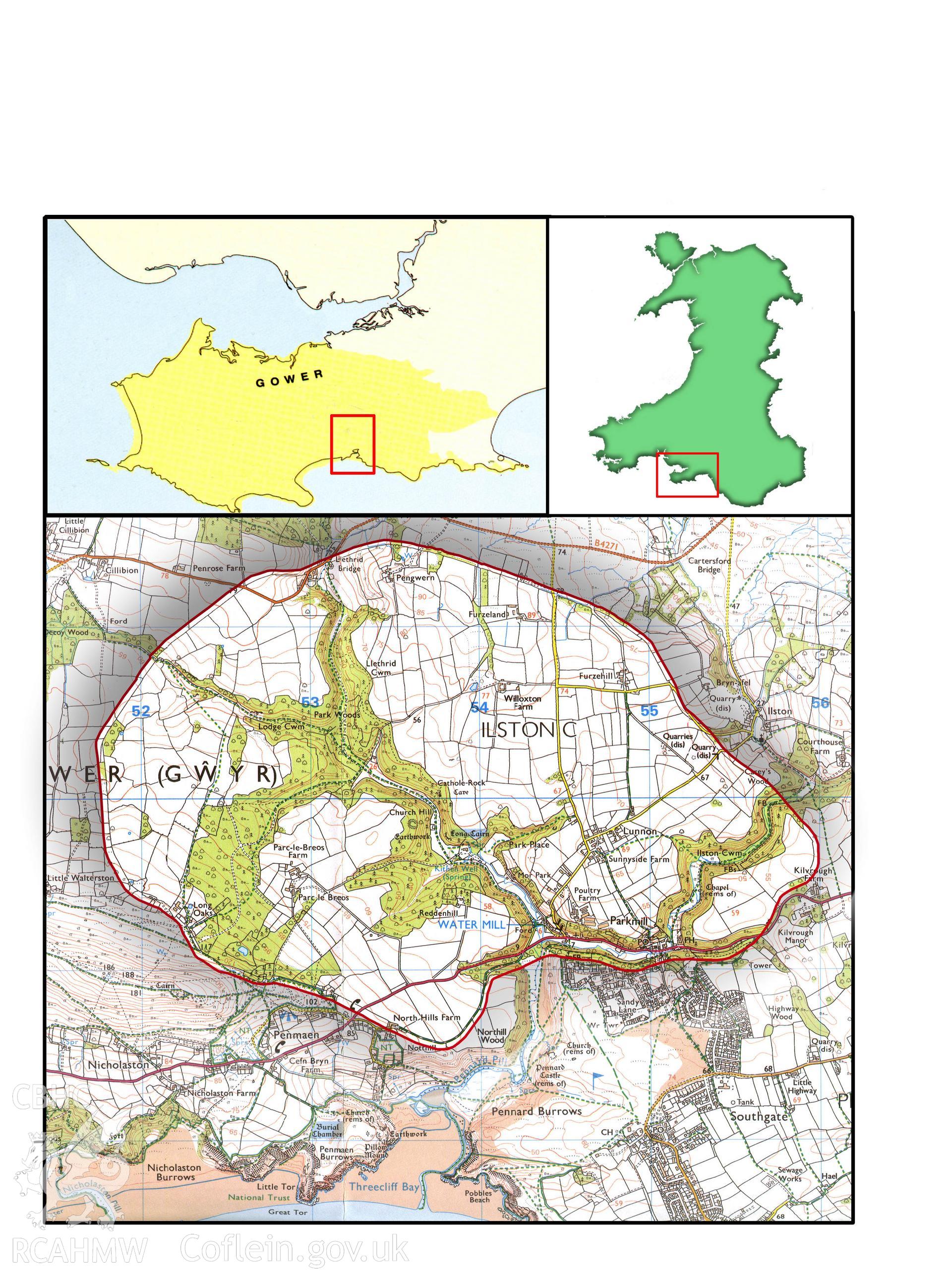 Digital (O.S. based) location map relating to a RCAHMW digital survey of Parc le Bros, Gower.