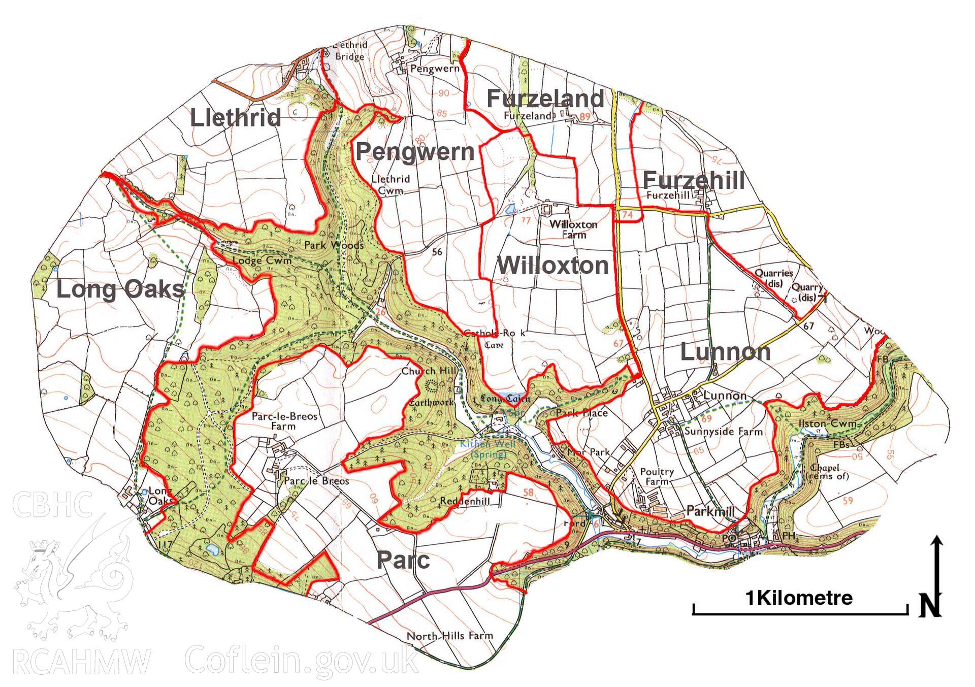 Digital (O.S. based) map relating to a RCAHMW digital survey of Parc le Bros, Gower: showing holdings within the park.