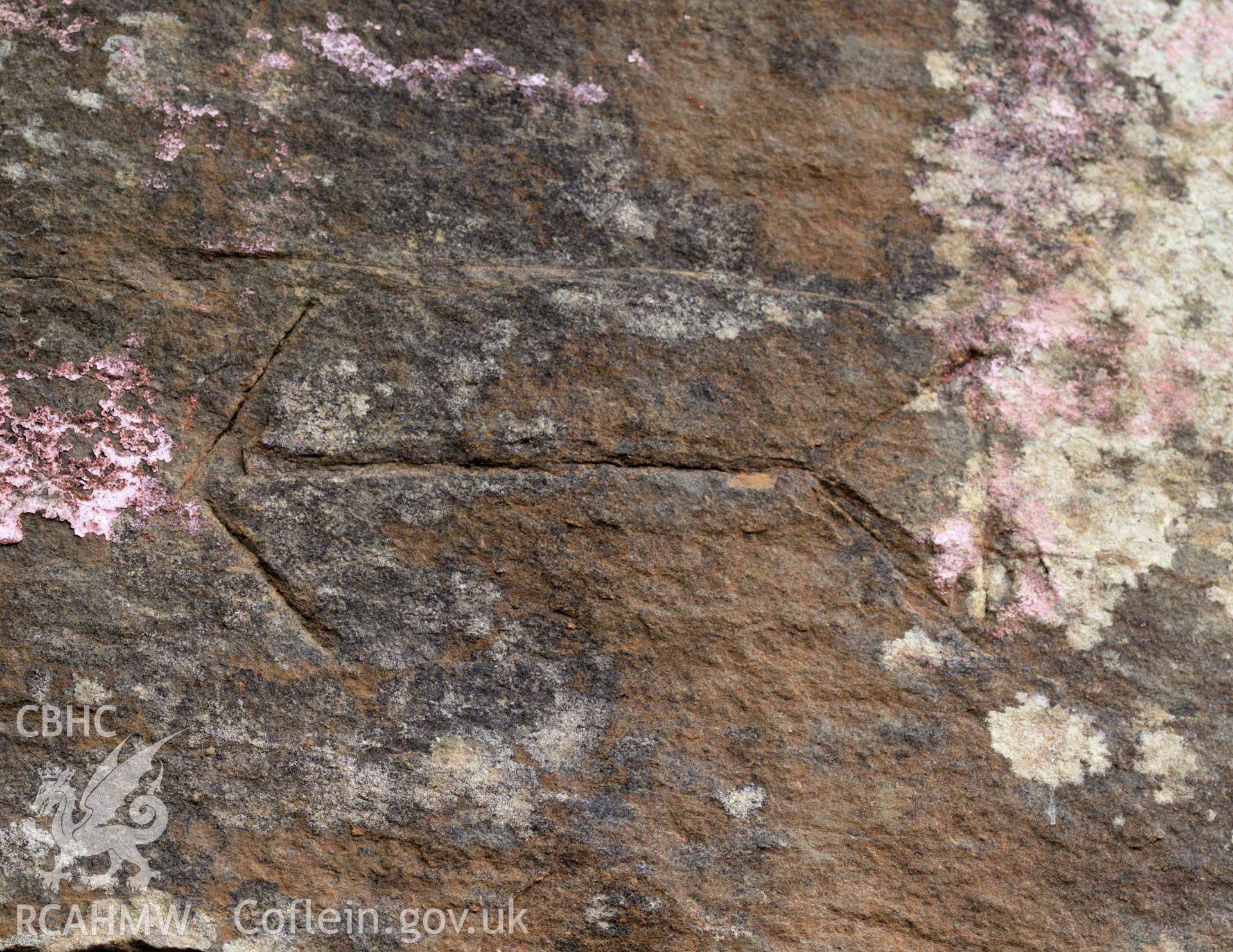 Colour photo showing mason's marks on the stone piers of the viaduct, taken by Mark Evans, January 2017.