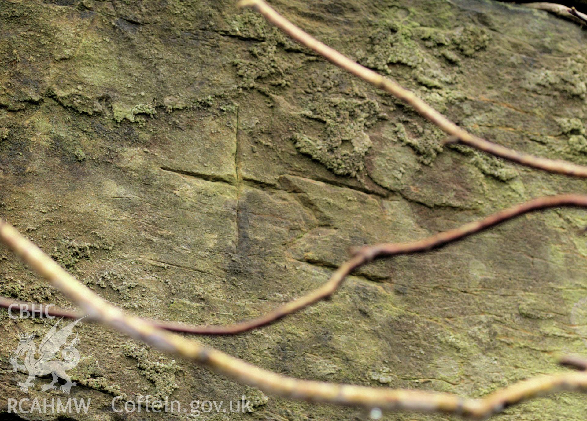 Colour photo showing mason's marks on the stone piers of the viaduct, taken by Mark Evans, January 2017.