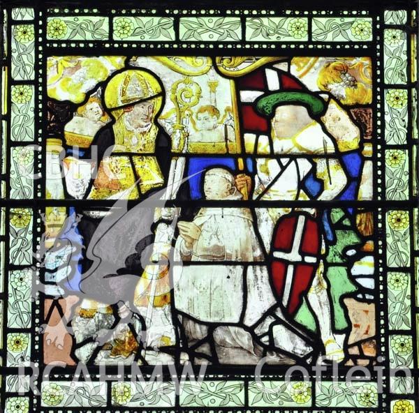 Digital colour photograph showing a stained glass window at St Cadoc's Church, Aberpergwm - as used in the article: 'The Recent Discoveries from Steinfield Abbey' (image entitled: window I, Panel 2a).