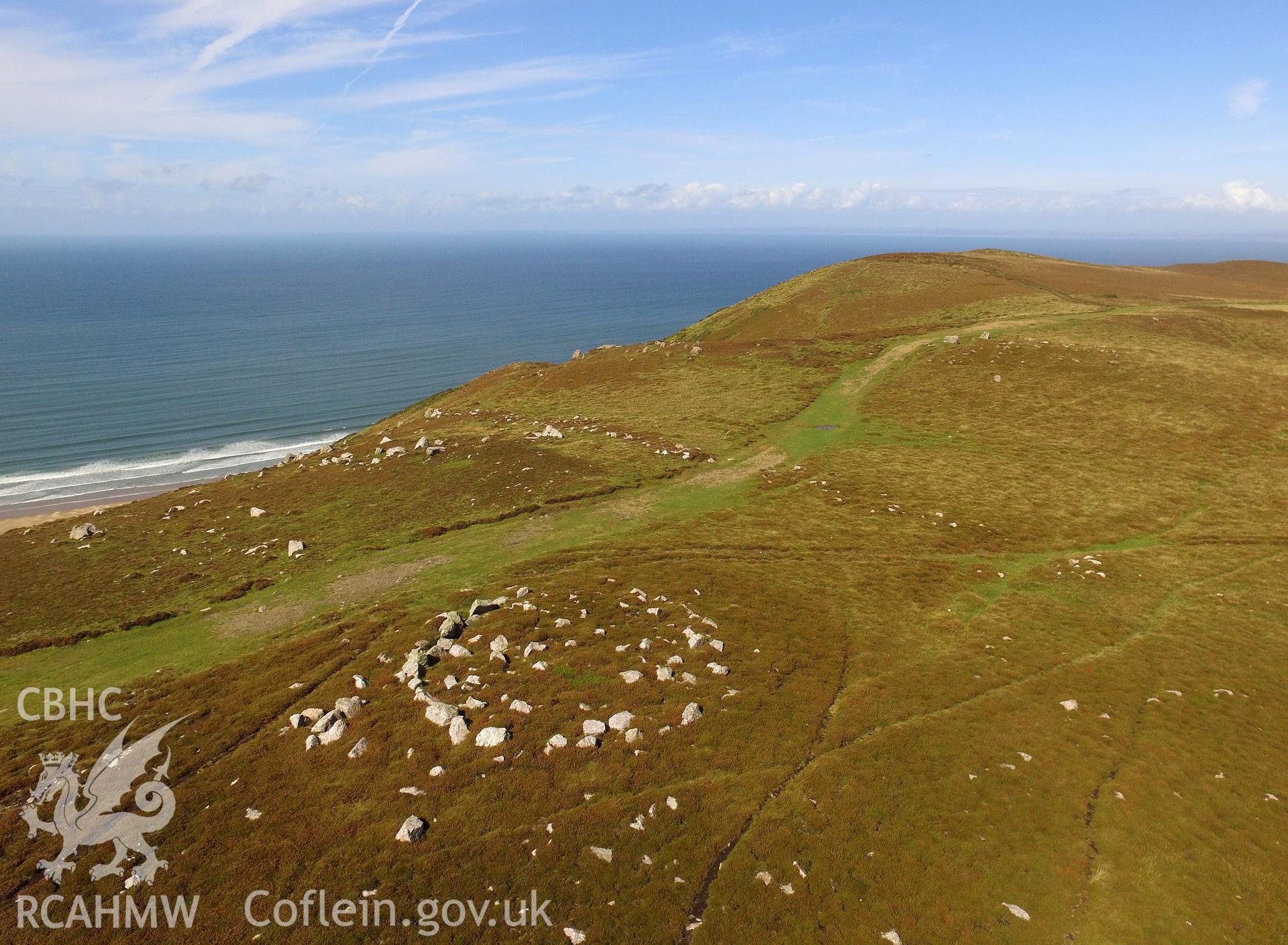 Aerial photograph showing Rhossili Down, Cairn VIII taken by Paul Davis, 11th September 2016.