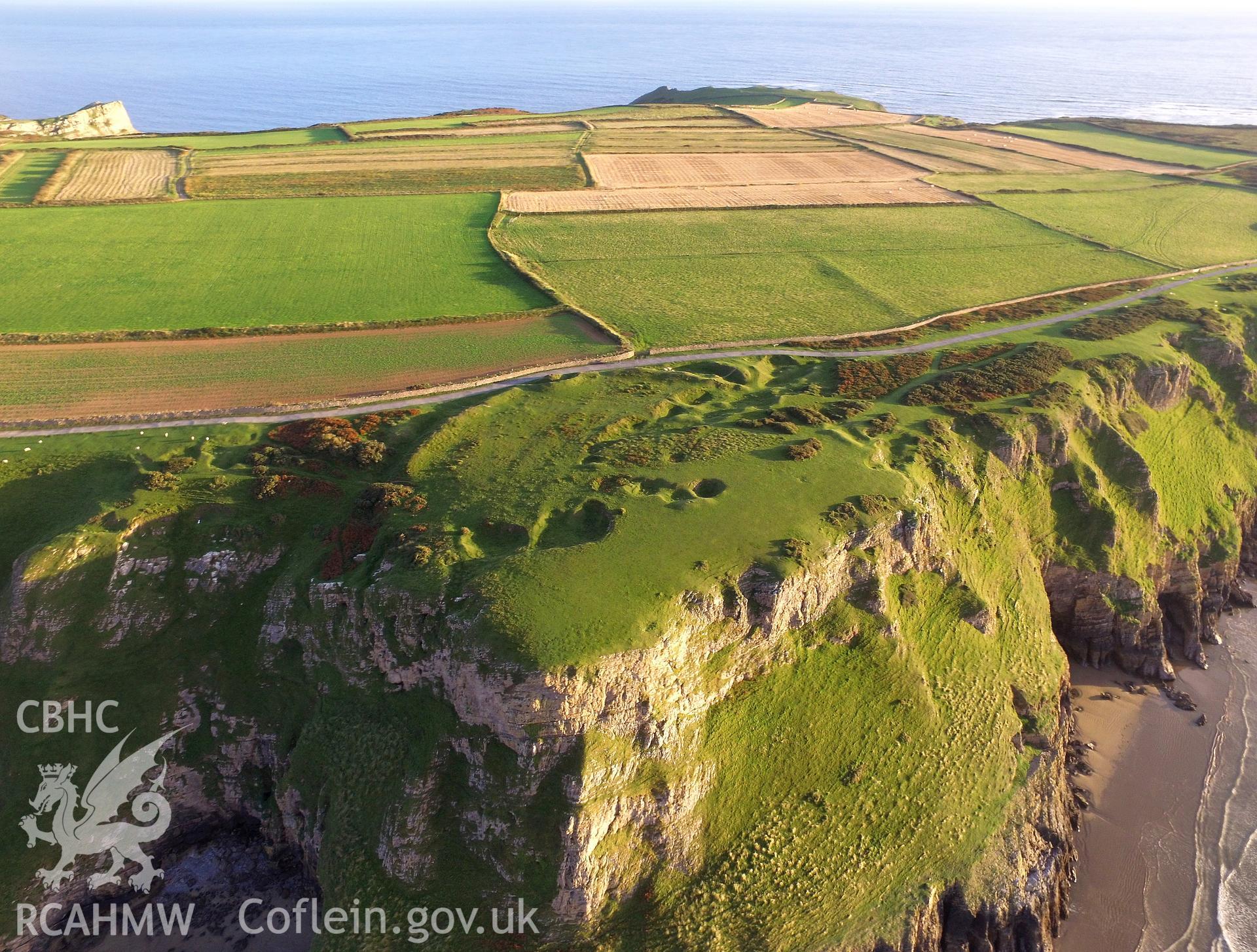 Aerial photograph showing Rhossili Promontory Fort taken by Paul Davis, 22nd September 2016.