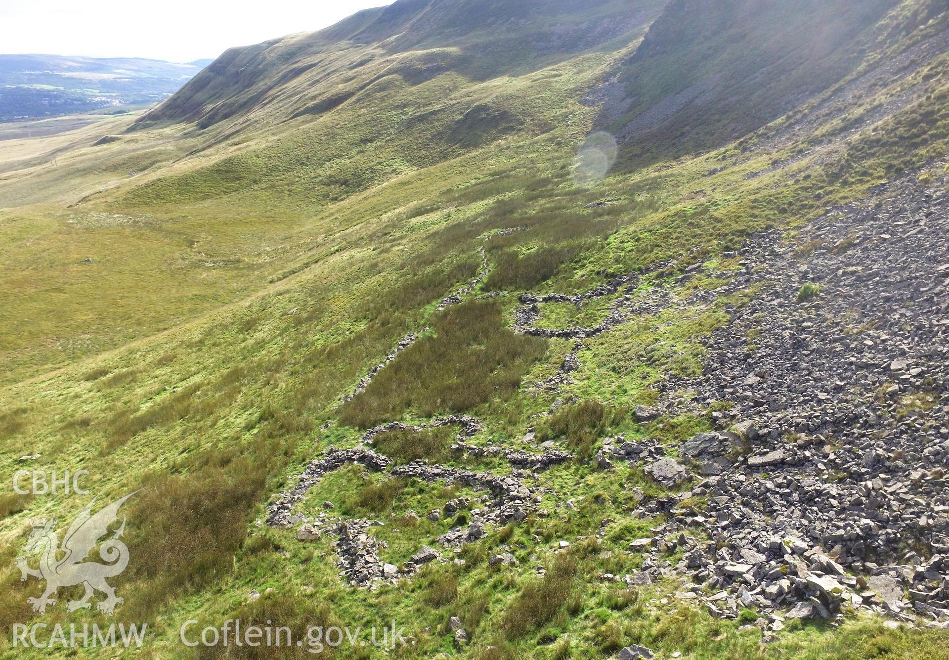 Aerial photograph showing Padell y Bwlch huts and enclosures, taken by Paul Davis, 17th September 2016.