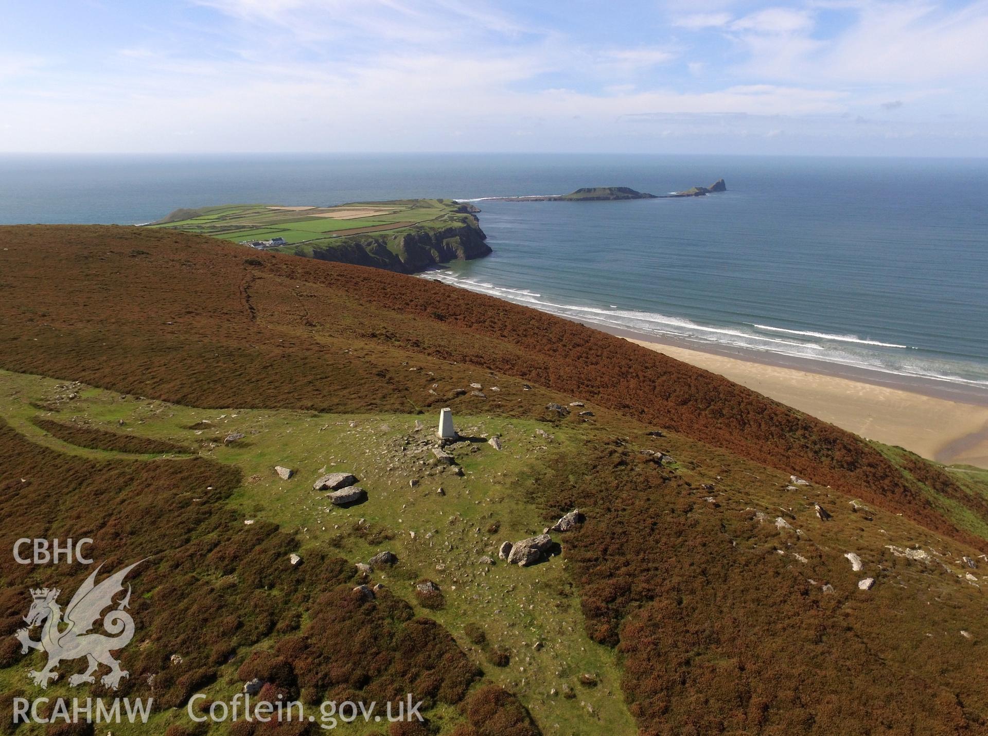 Aerial photograph showing Rhossili Down, Cairn taken by Paul Davis, 11th September 2016.