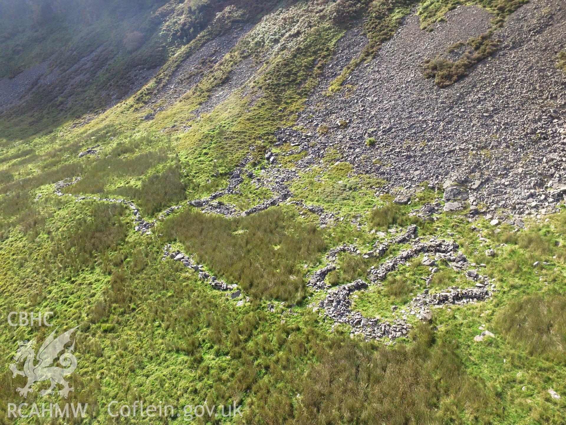 Aerial photograph showing Padell y Bwlch huts and enclosures, taken by Paul Davis, 17th September 2016.