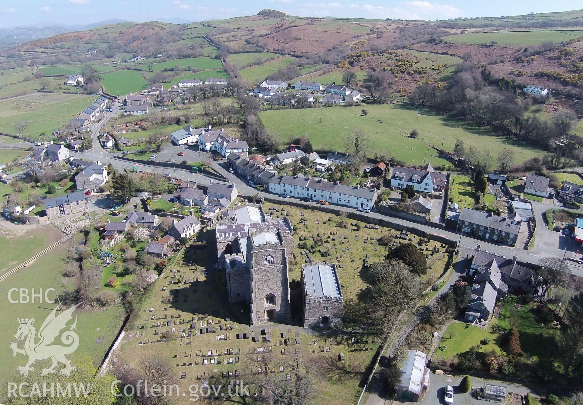 Digital aerial photograph showing Clynnog Fawr.