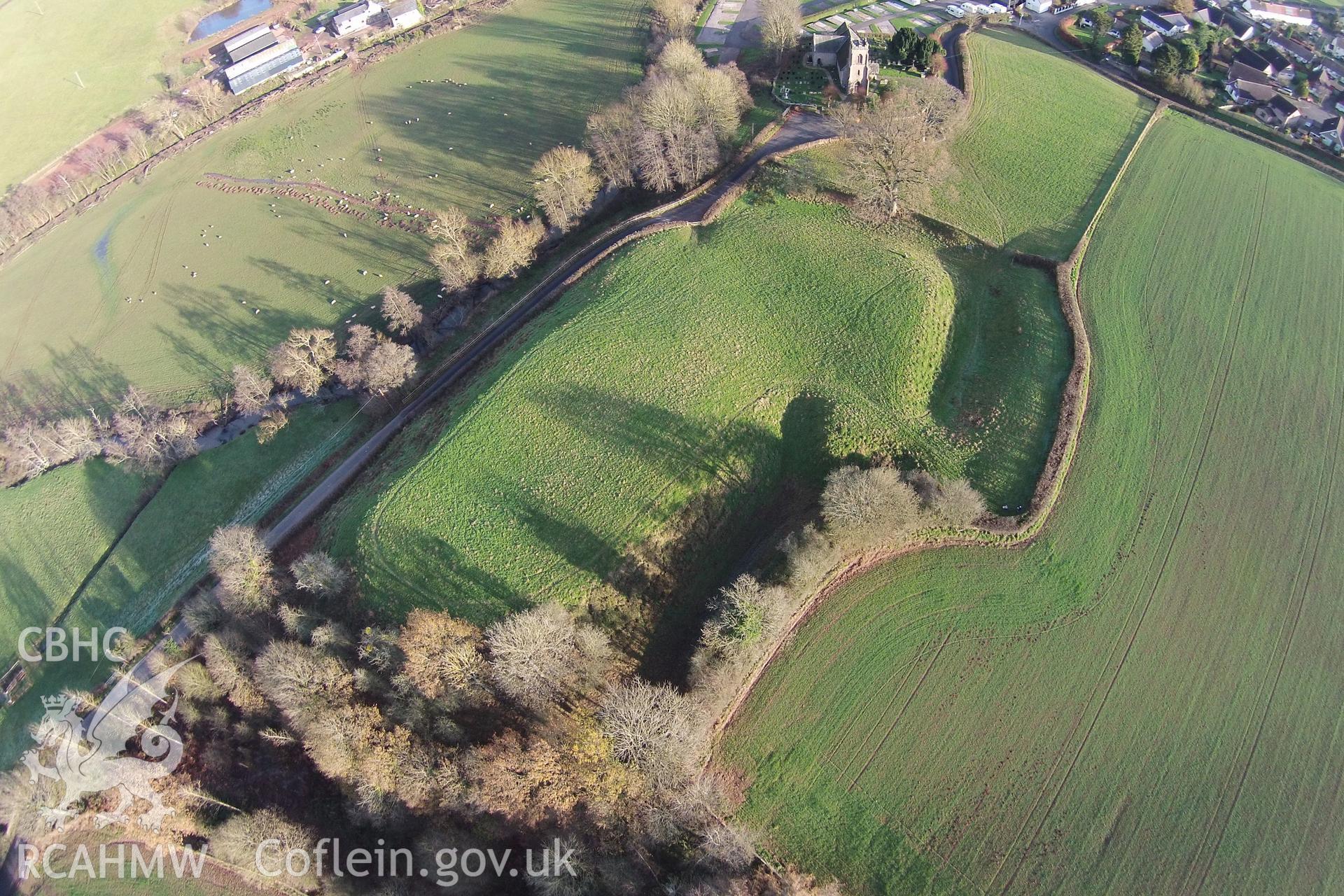 Digital aerial photograph showing Castell Dingestow Castle.