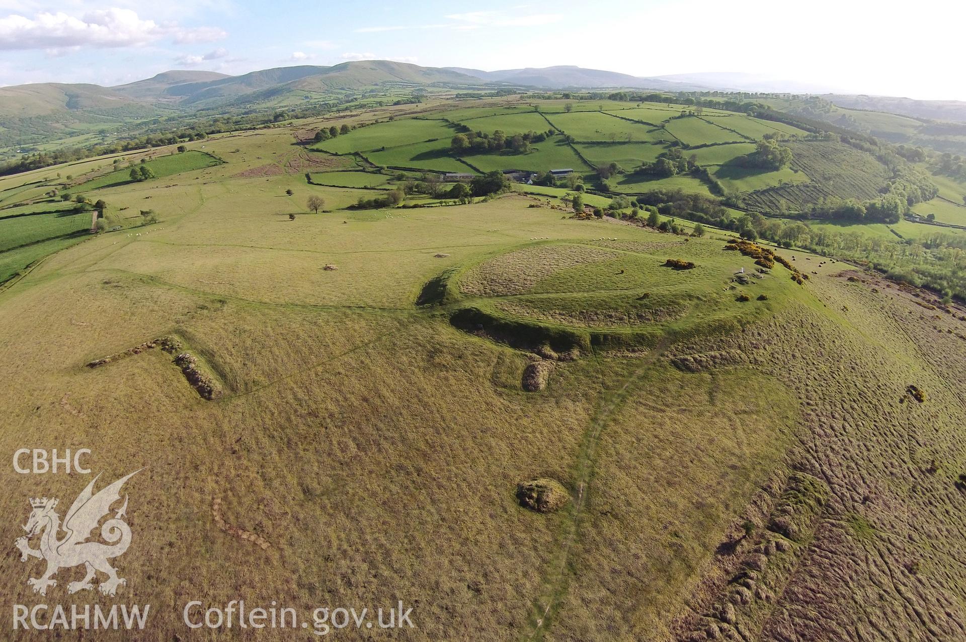 Aerial photograph showing the hillfort and pillow mounds at Twyn y Gaer taken by Paul Davis, 23rd May 2015.