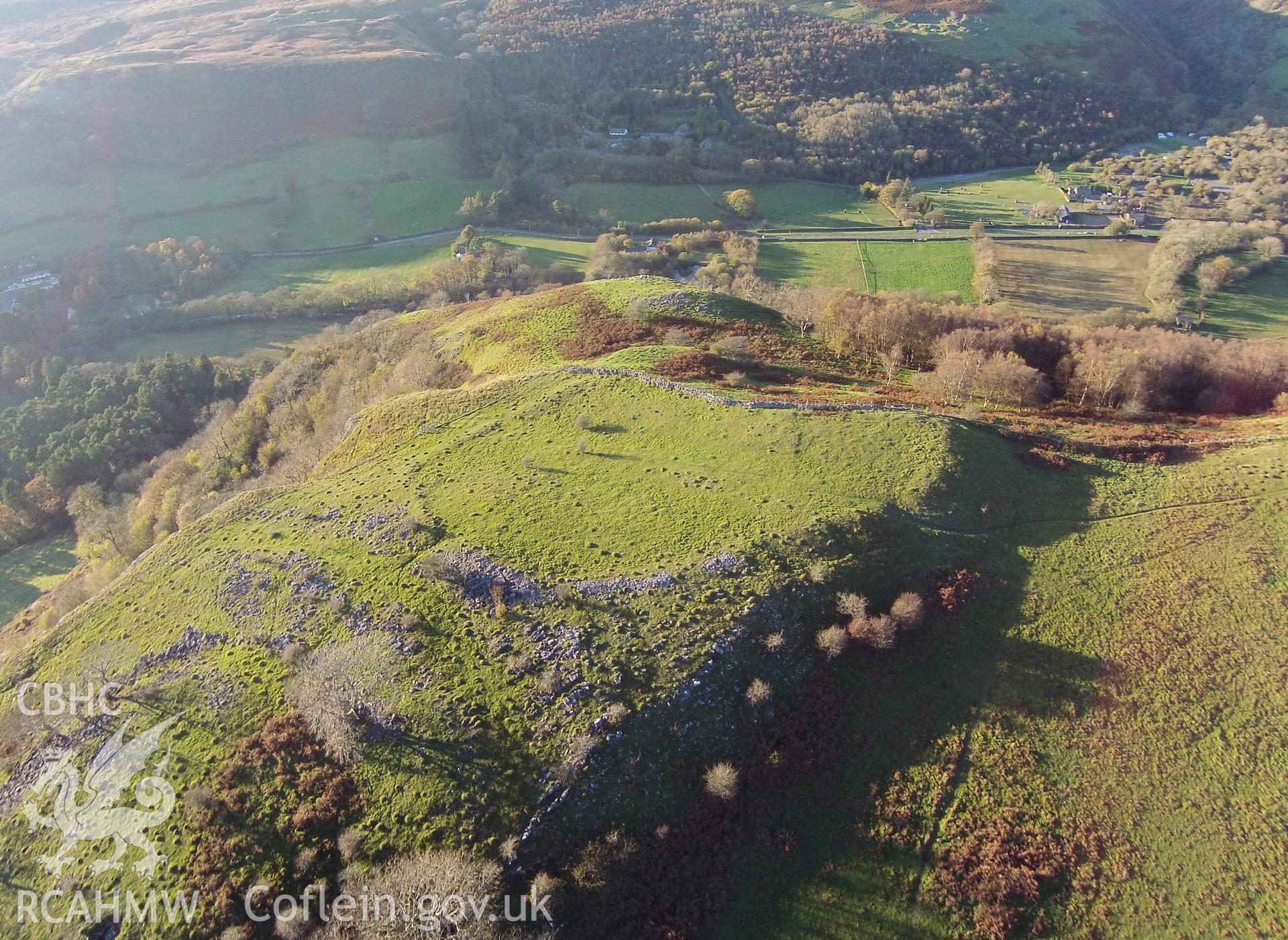 Aerial photograph showing Craig y Rhiwarth Hillfort, taken by Paul Davis, 2nd November 2015.