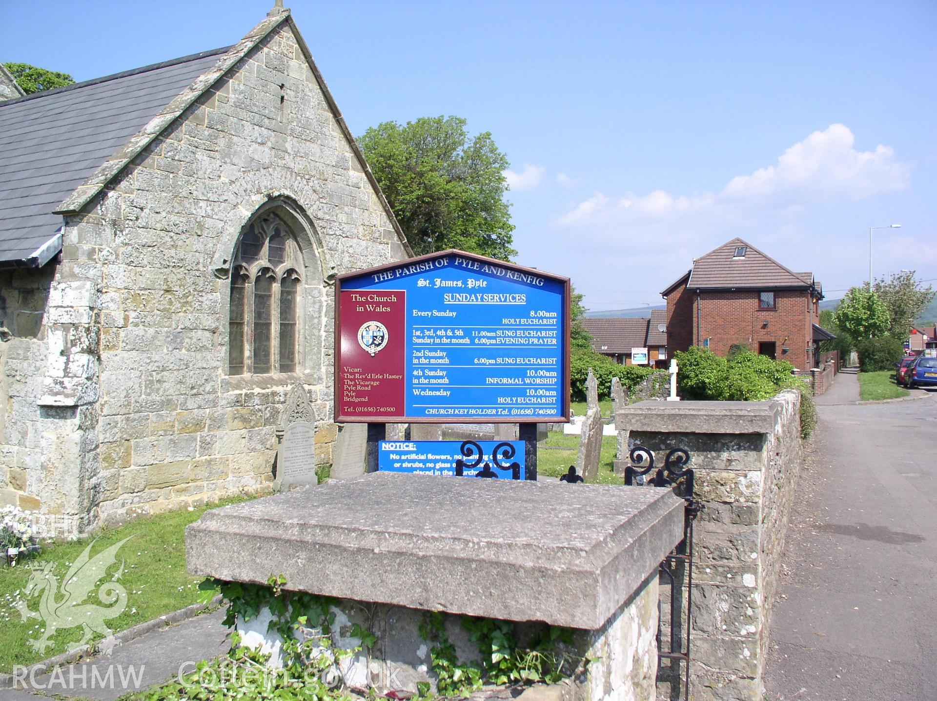 Colour digital photograph showing the sign outside St James' Church, Pyle; Glamorgan.