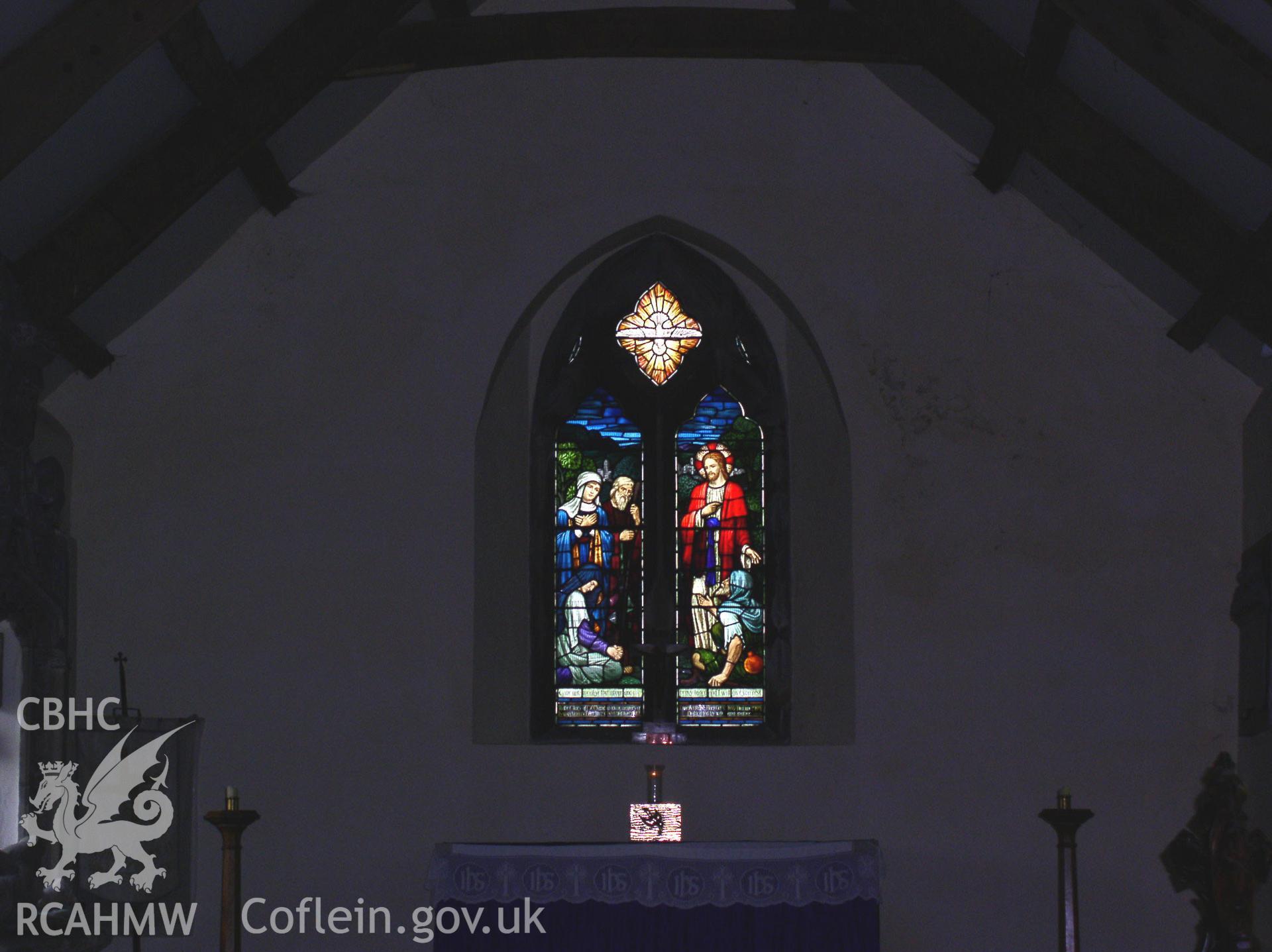 Colour digital photograph showing an interior view of a stained glass window at St Bride's Church, St Brides Major; Glamorgan.