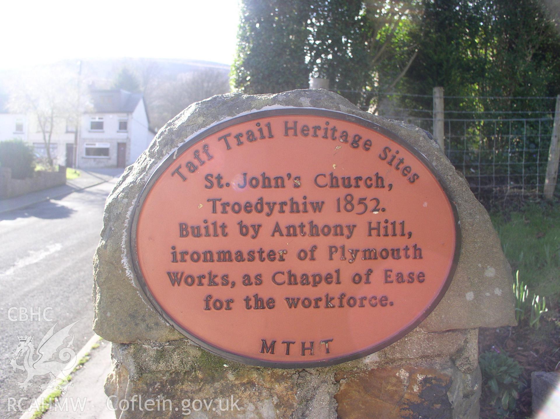 Colour digital photograph showing a plaque dedicated to St John's Church, Troedyrhiw; Glamorgan.