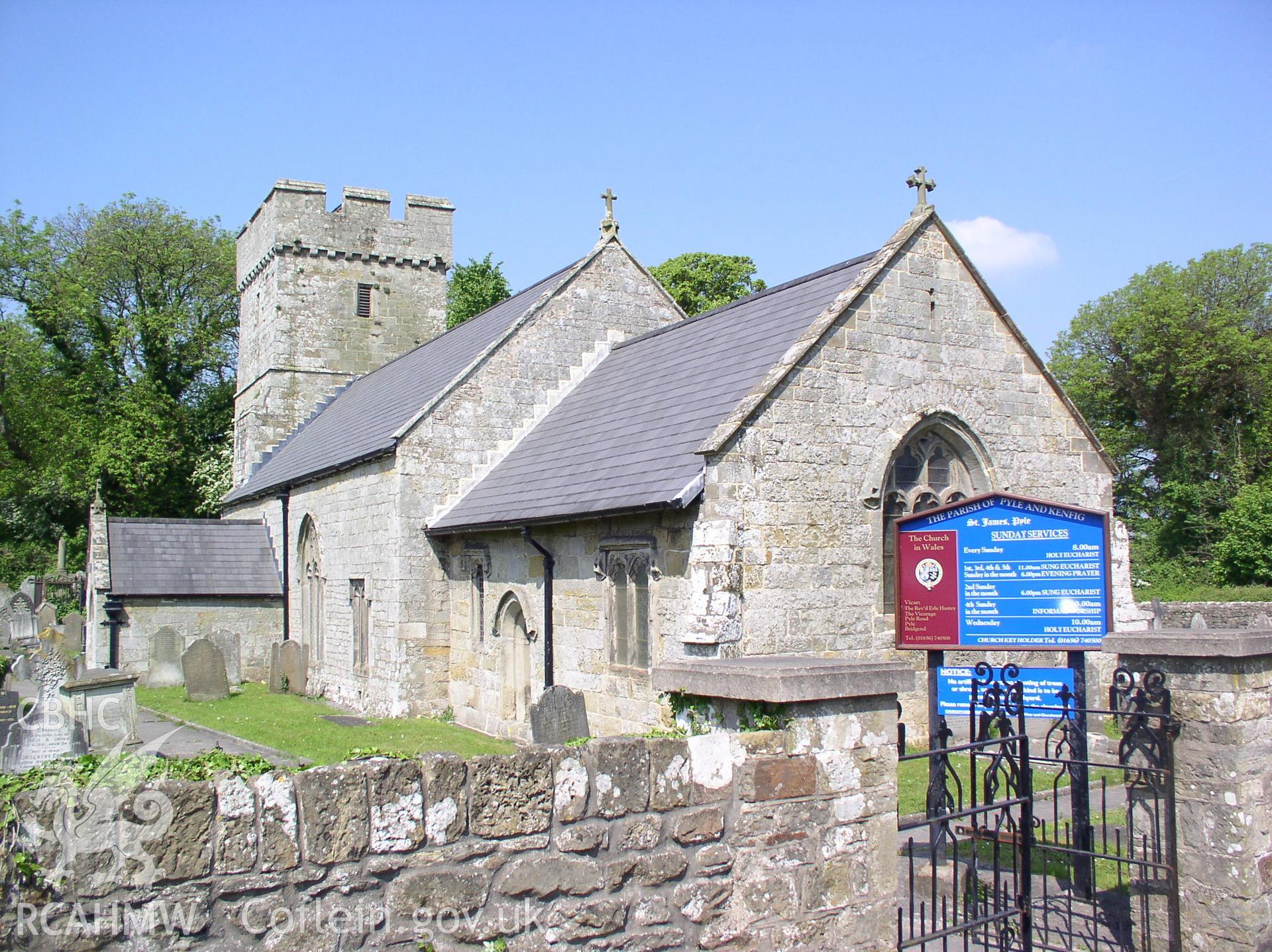 Colour digital photograph showing a three quarter elevation view of St James' Church, Pyle; Glamorgan.