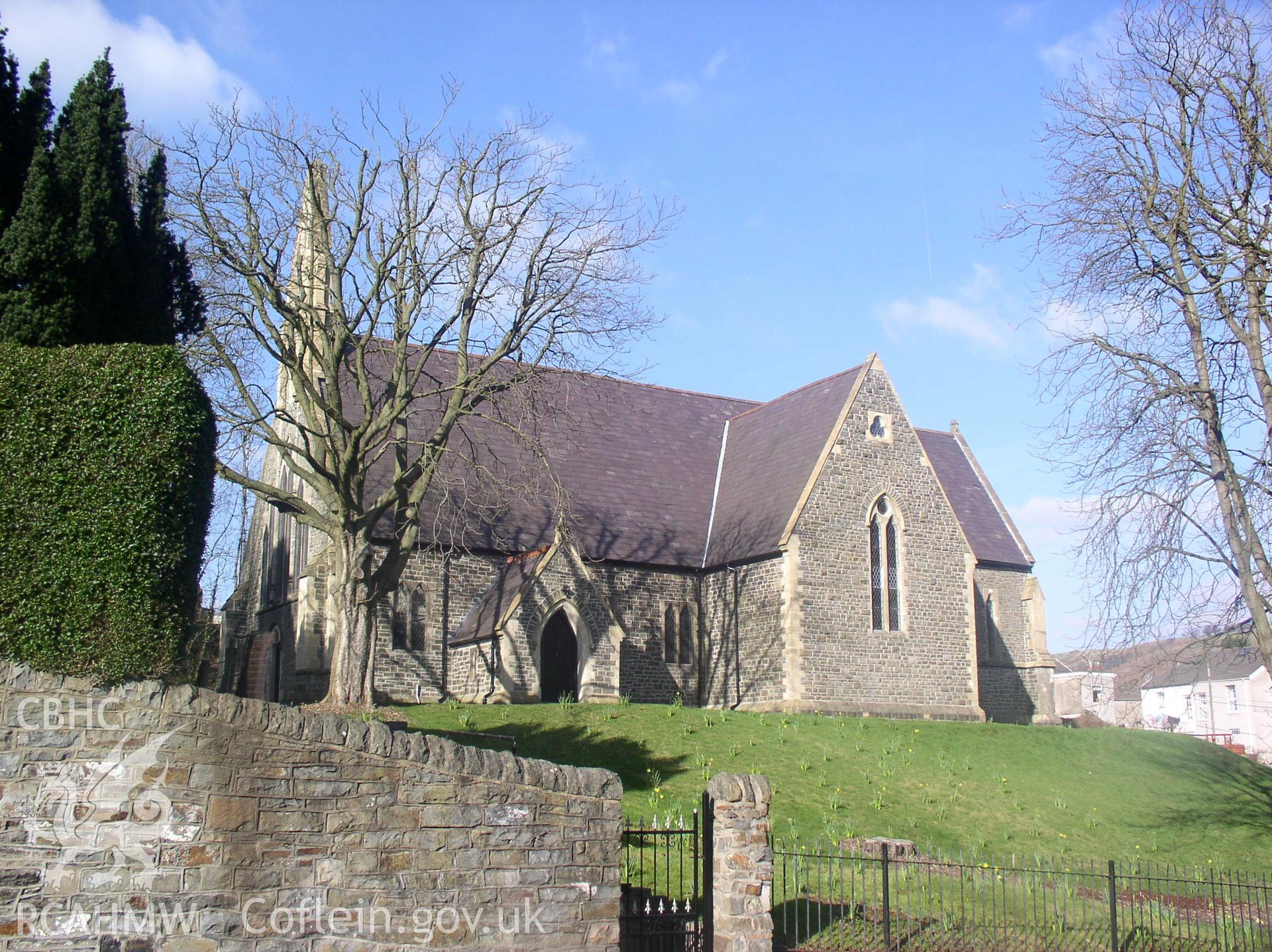 Colour digital photograph showing an elevation view of St John's Church, Troedyrhiw; Glamorgan.