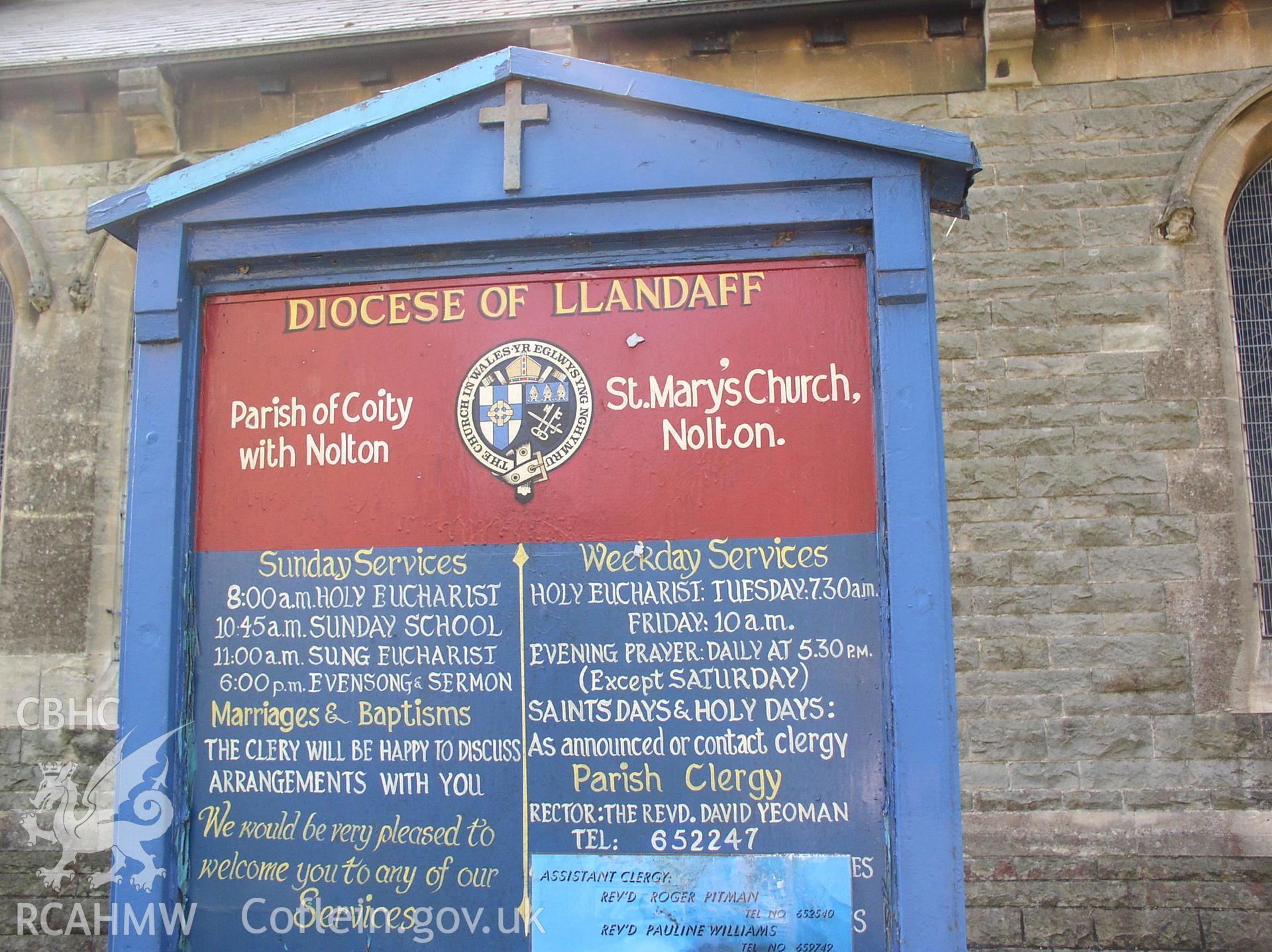 Colour digital photograph showing a sign outside St. Mary's Church, Nolton,  Bridgend; Glamorgan.