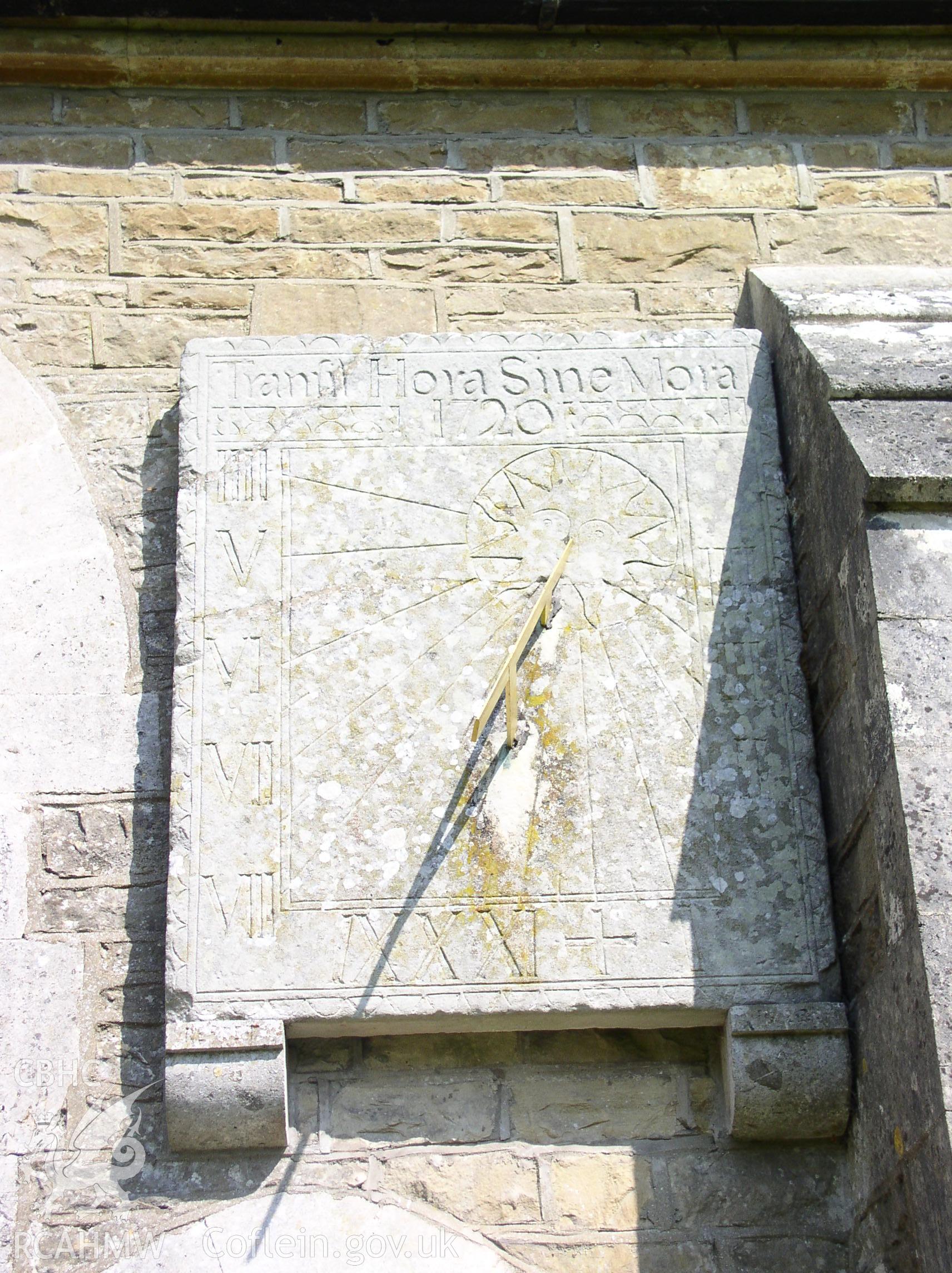 Colour digital photograph showing a sun dial at St Teilo's Church, Merthyr Mawr; Glamorgan.