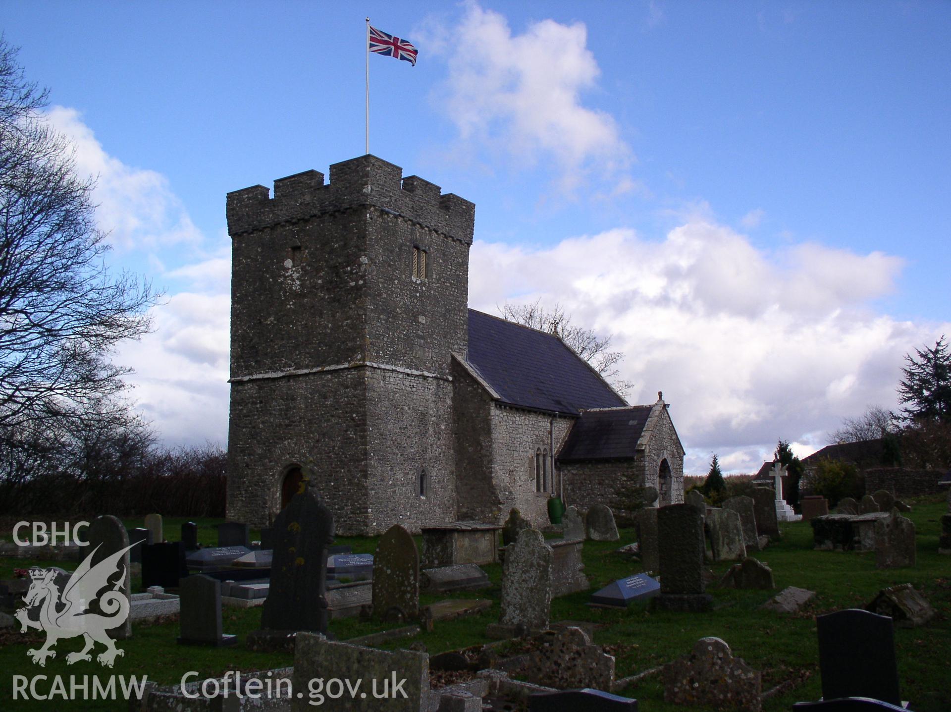 Colour digital photograph showing a three quarter elevation view of St Dunwyd's Church, Welsh St Donats; Glamorgan.