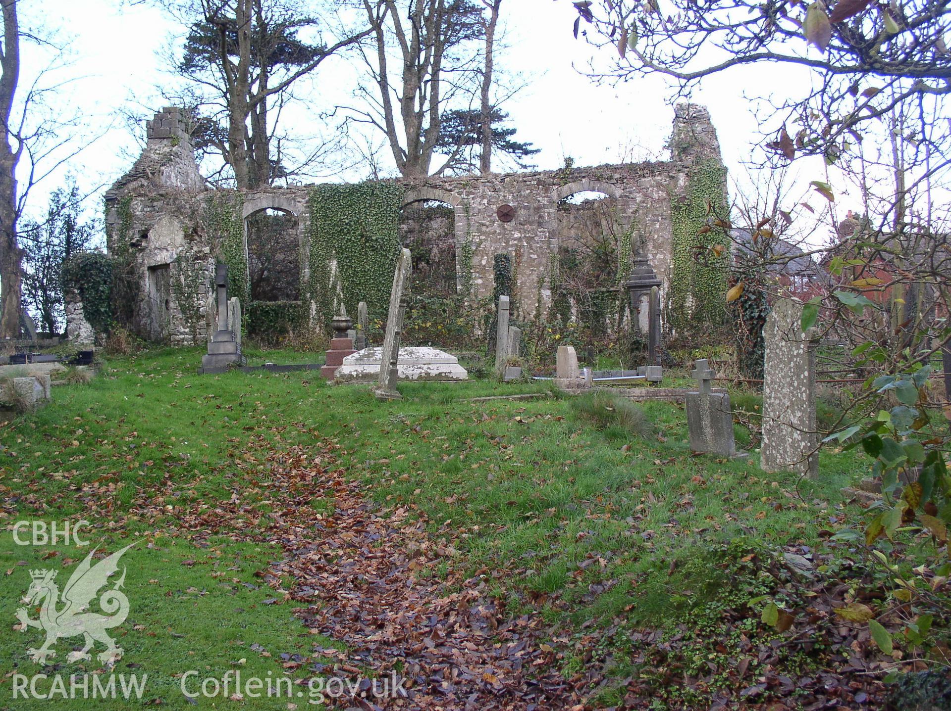 Colour digital photograph showing an elevation view of Tal-y-garn Chapel ruins, Pont-y-clun; Glamorgan.