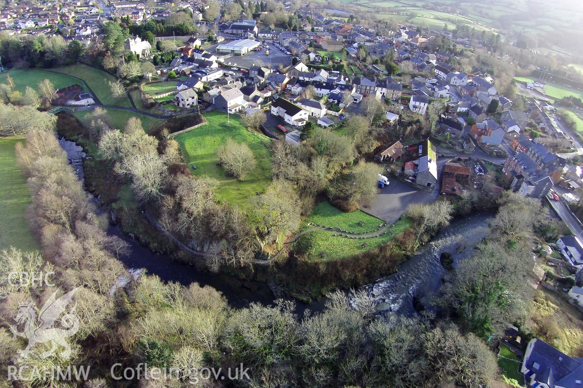 Digital aerial photograph showing Rhayadr castle.