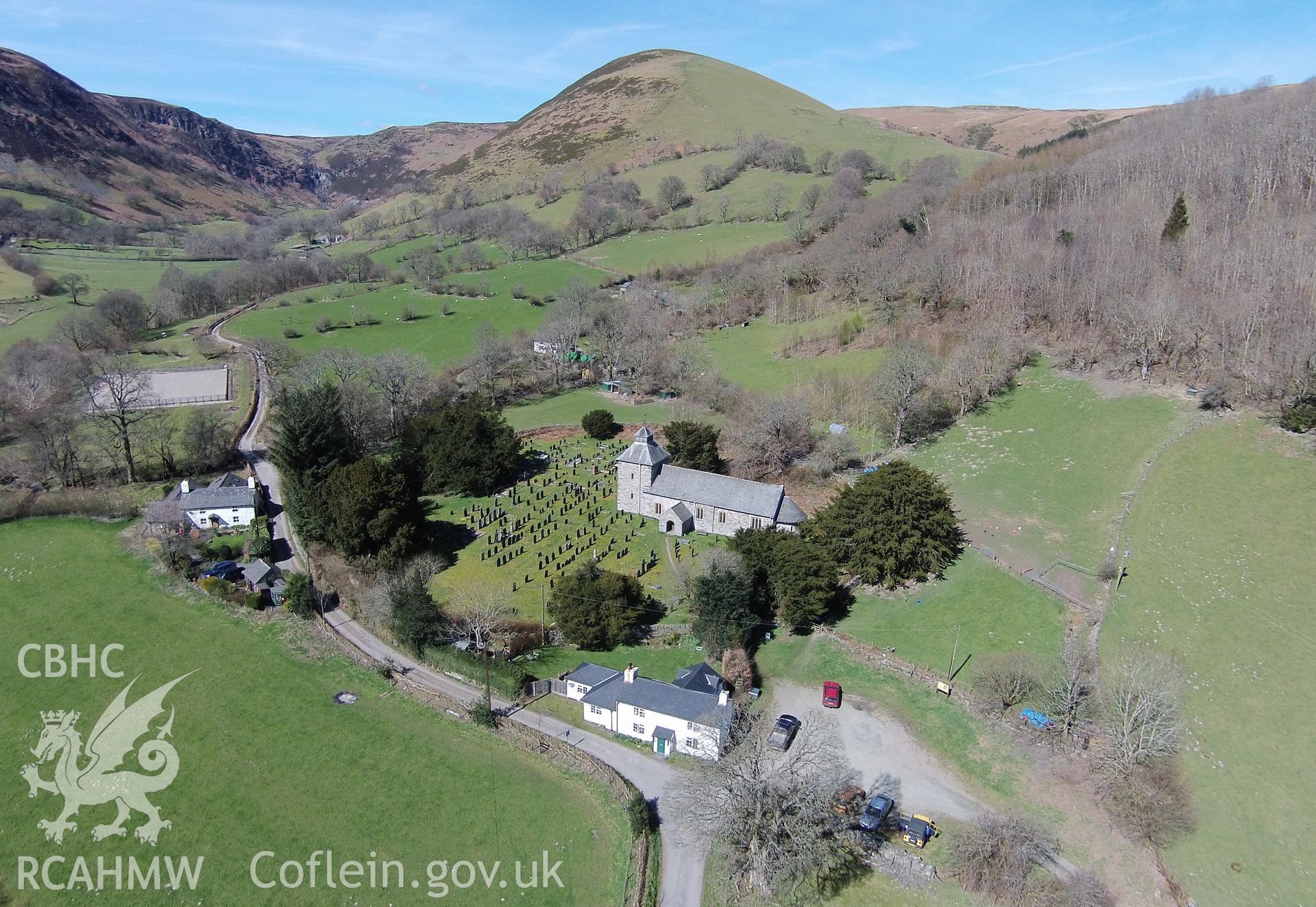 Digital aerial photograph showing Pennant Melangell and church.