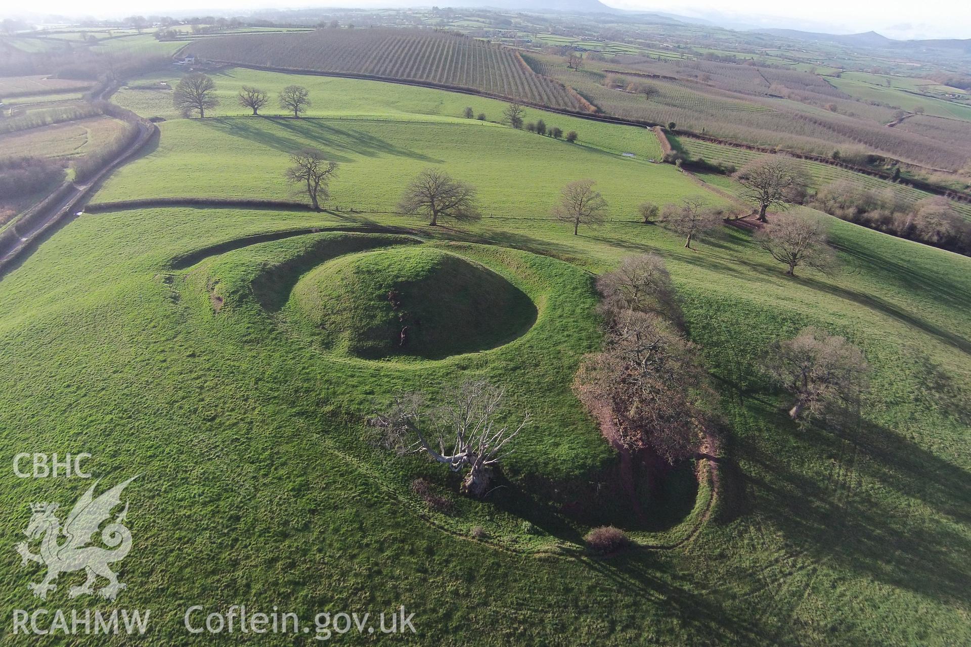 Digital aerial photograph showing Penrhos castle.