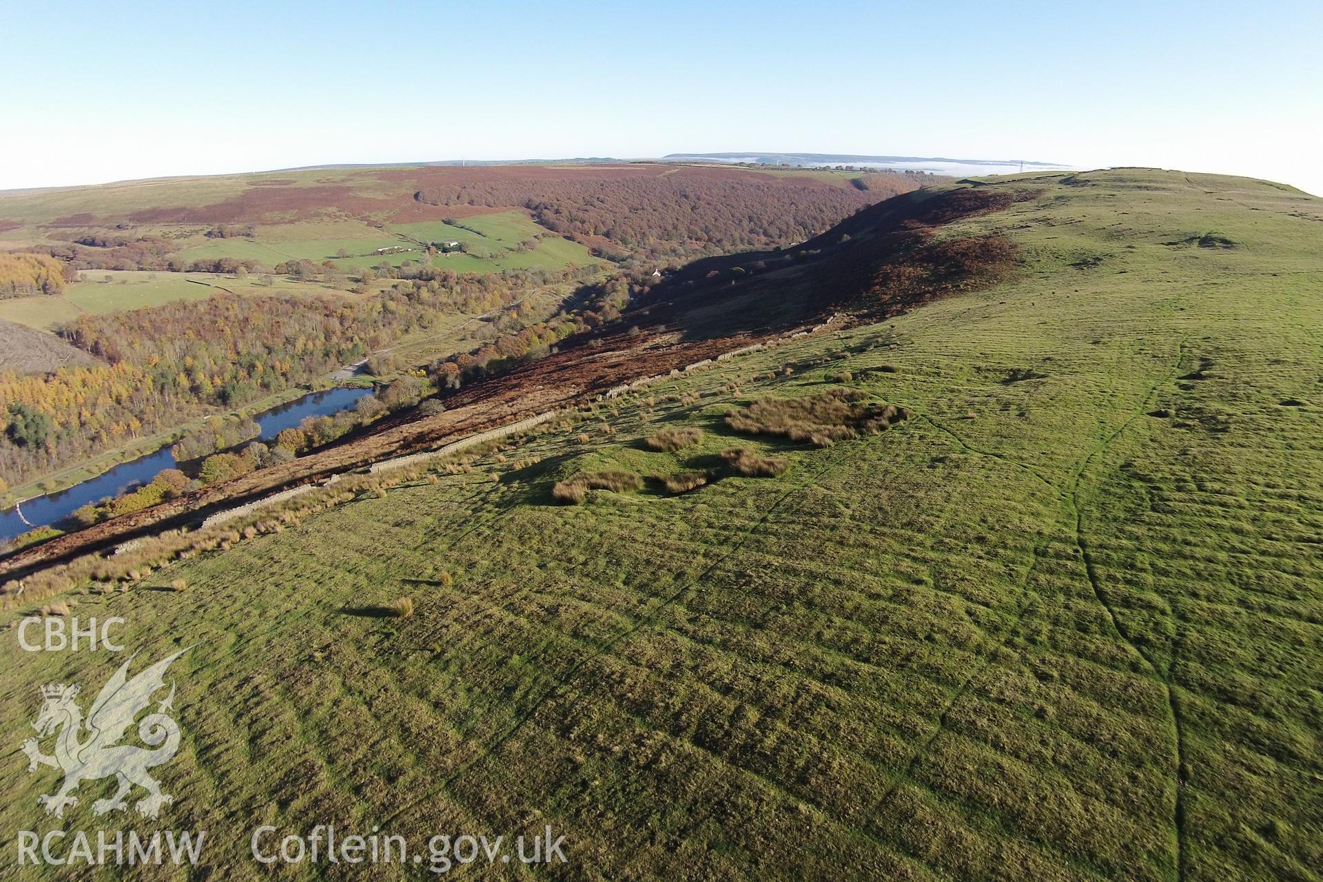 Aerial photograph showing house platform on Gelligaer Common, taken by Paul Davis, 2nd November 2015.