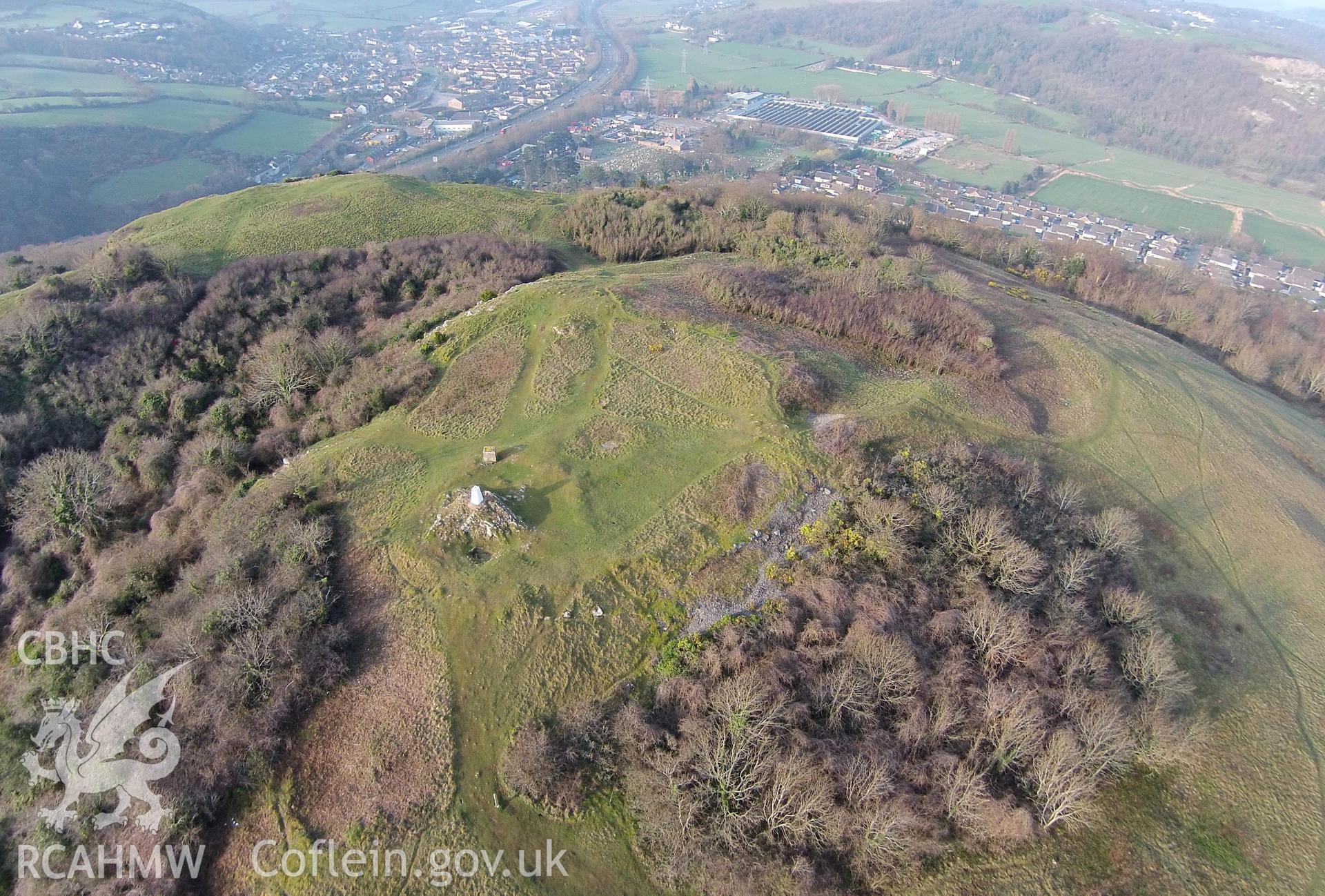 Digital aerial photograph showing Bryn Euryn Hillfort, Colwyn Bay.