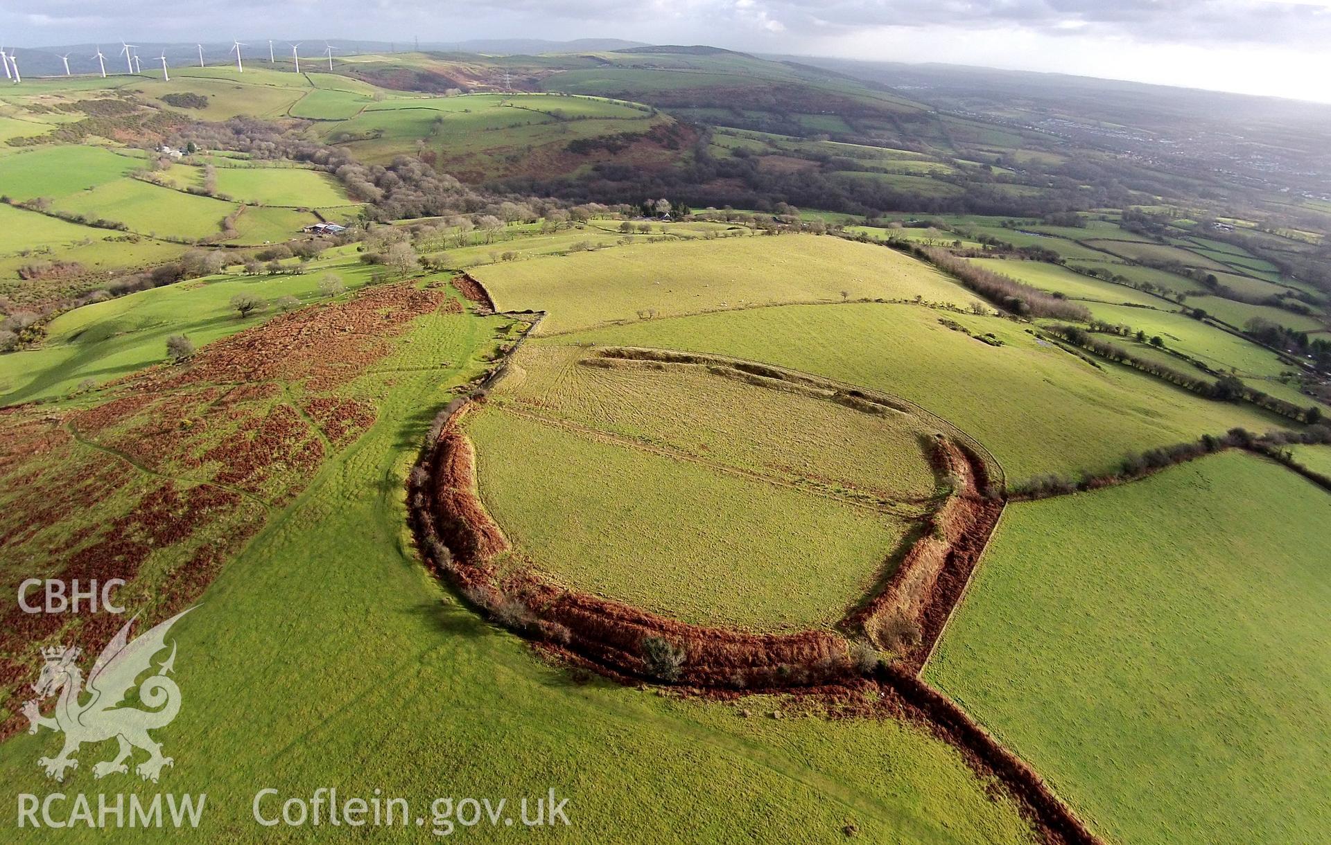 Digital aerial photograph showing Coedcae Gaer hillfort.