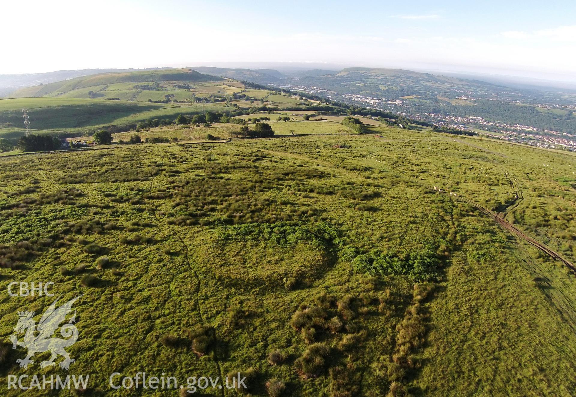 Aerial photograph showing Pant Waungorrwg Barrow, taken by Paul Davis, 3rd July 2015.